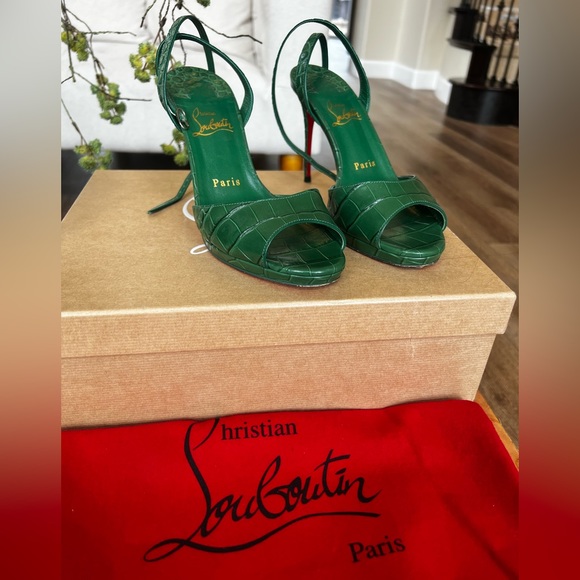 Christian Louboutin Shoes - Christian Louboutin Green Croc-Embossed Leather Slingback Sandals